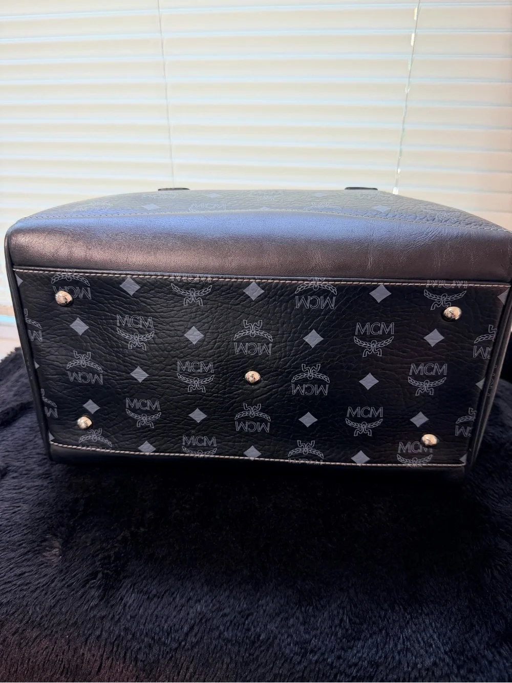 MCM Large Black Monogram Boston Bag with Brown Scarf-Handled Accents